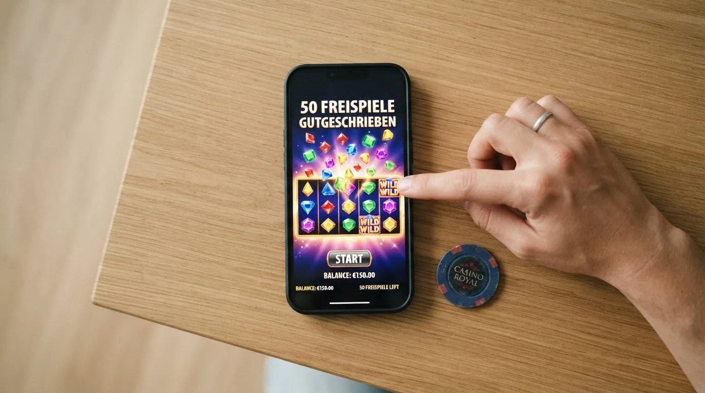 Nahaufnahme eines Smartphone-Bildschirms mit einer Freispiel-Gutschrift in einem Schweizer Casino