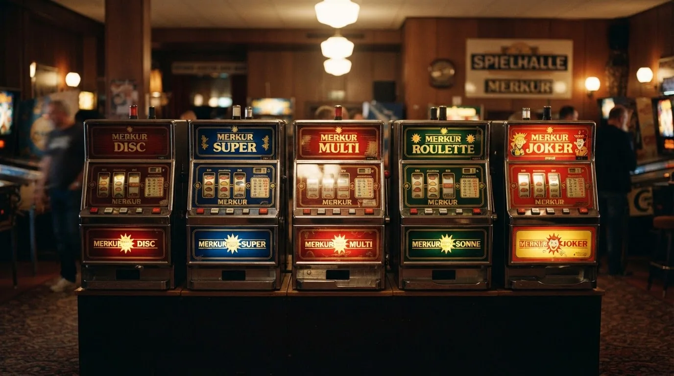 Reihe klassischer Merkur Spielautomaten in einer Spielhalle mit dem Merkur-Schriftzug