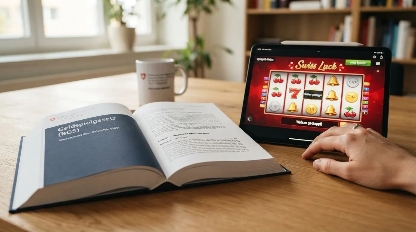 Ein aufgeschlagenes Schweizer Gesetzbuch mit dem Titel «Geldspielgesetz (BGS)» neben einem Tablet, das einen Demo-Slot zeigt