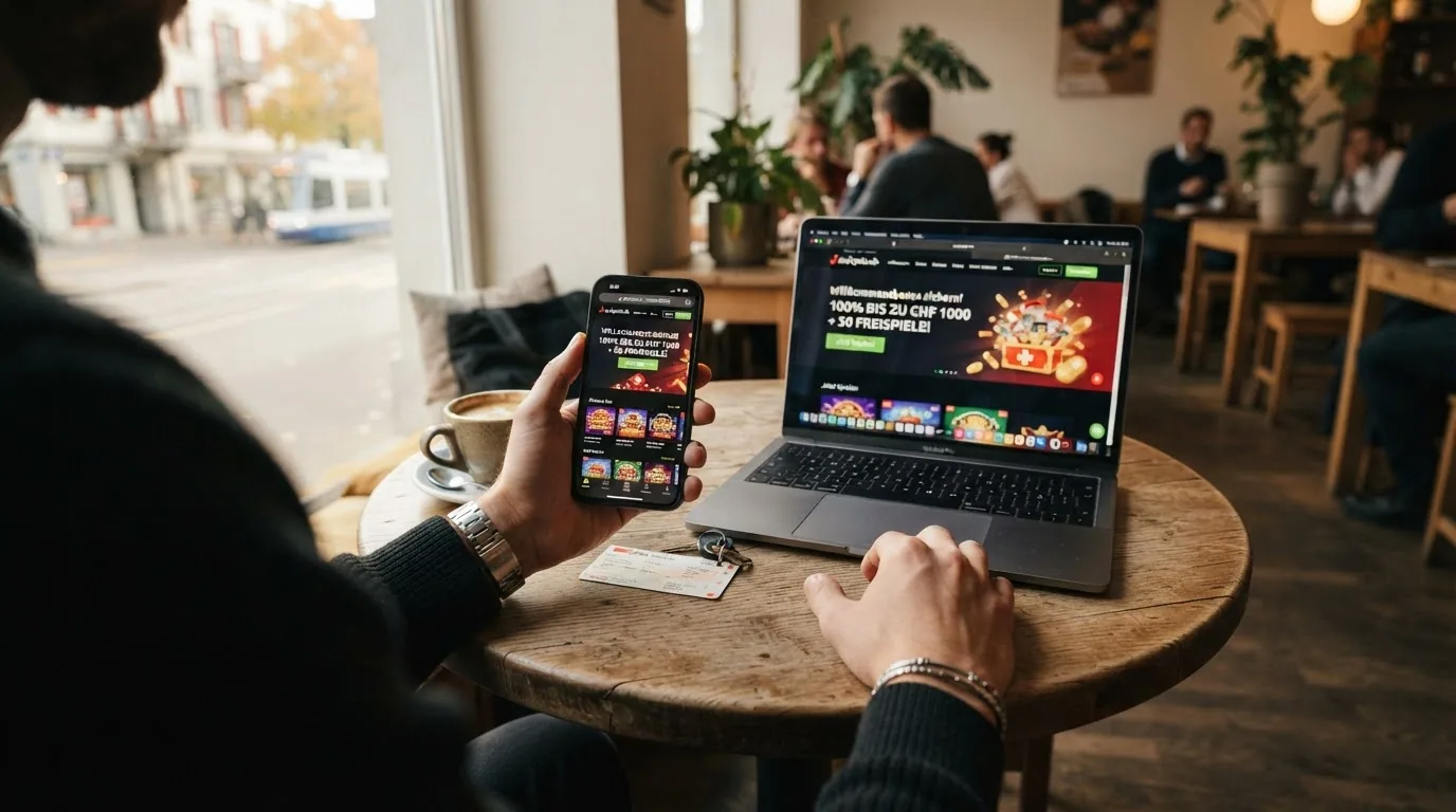 Ein Smartphone zeigt eine Casino-App mit Bonus-Benachrichtigung, daneben ein Laptop mit derselben Casino-Website im Browser