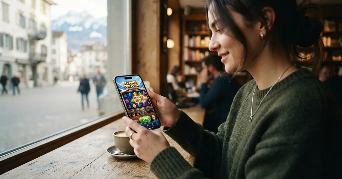 Eine Person hält ein Smartphone mit einem geöffneten Online-Casino-Spiel in der Hand, das Display zeigt Spielautomaten-Walzen