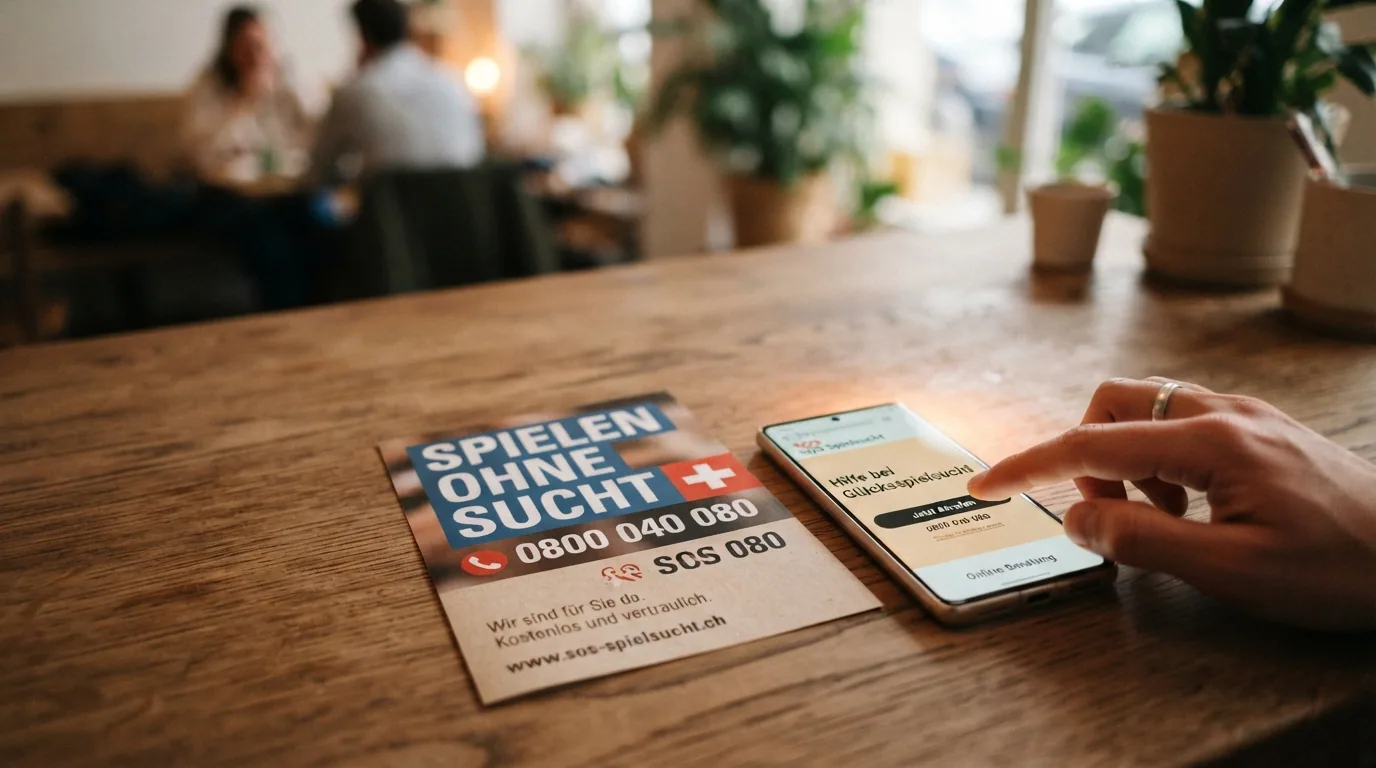 Ein Flyer mit der Aufschrift «Spielen ohne Sucht – 0800 040 080» und dem Schweizer Kreuz, daneben ein Smartphone mit geöffneter Hilfsseite