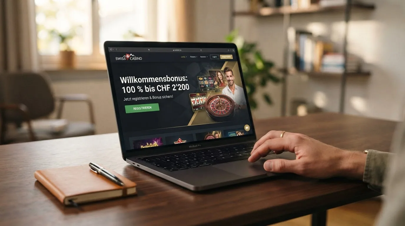 Landingpage von jackpots.ch mit der Willkommensbonus-Anzeige und dem Schweizer Lizenzhinweis