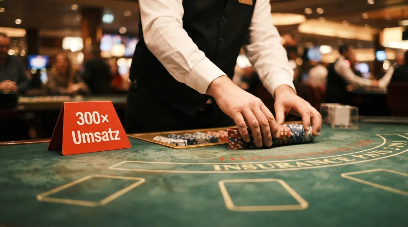 Ein Live-Casino-Tisch mit Dealer im Bild, daneben ein rotes Warndreieck mit «300× Umsatz»
