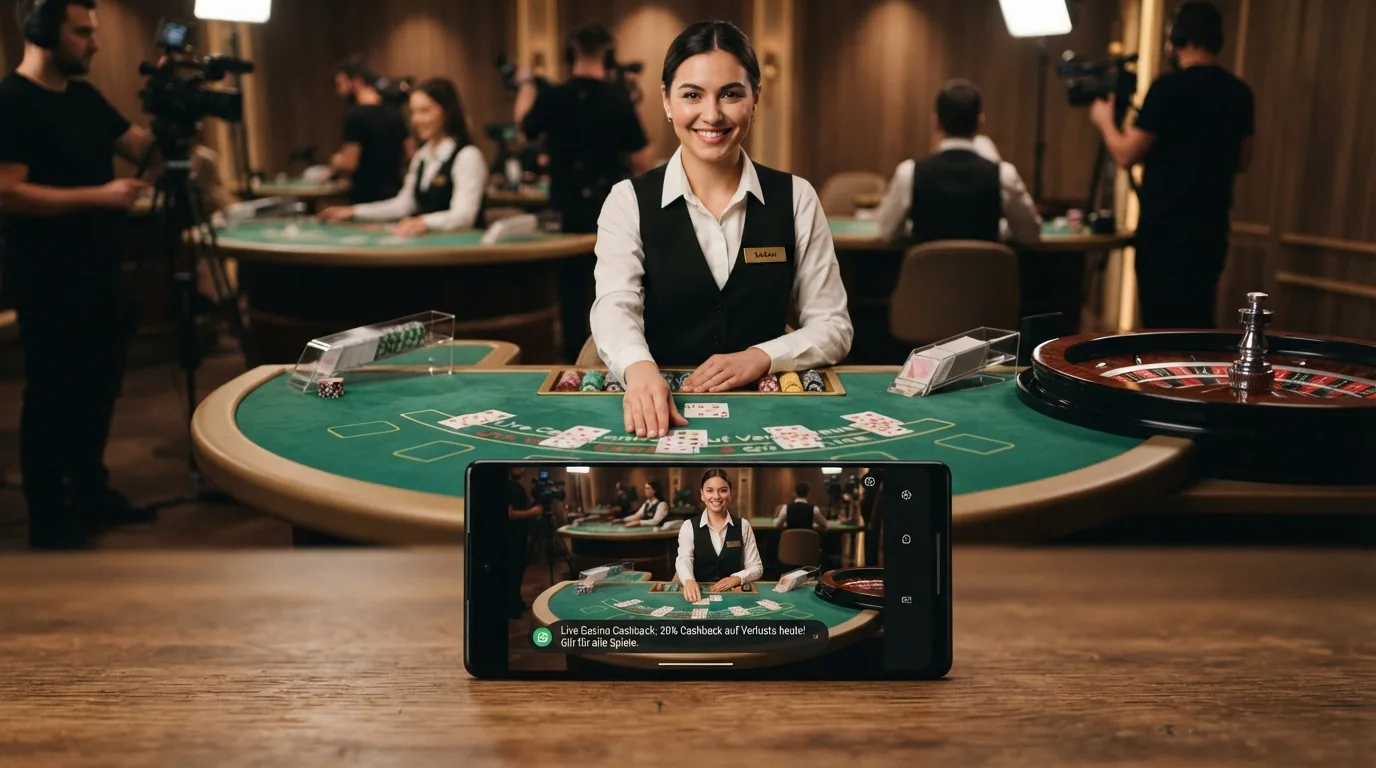 Live-Dealer-Tisch mit Roulette- und Blackjack-Aufbau in einem Online-Casino mit eingeblendeter Cashback-Anzeige