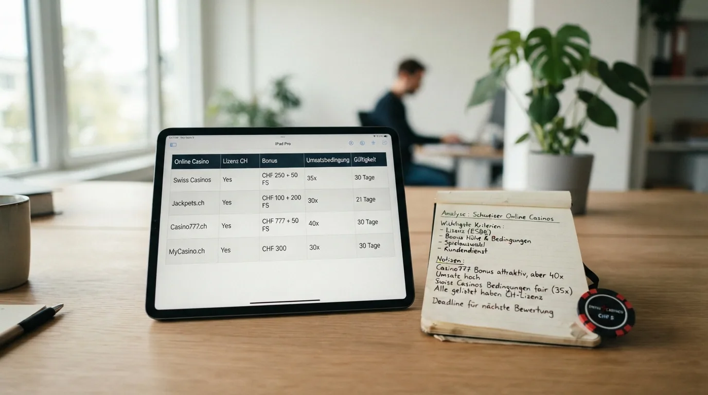 Vergleichstabelle aller zehn ESBK-lizenzierten Anbieter mit Spalten für Konzessionsdatum, Willkommensbonus, Freispiele, Umsatzbedingung, Gültigkeit und No-Deposit-Angebot