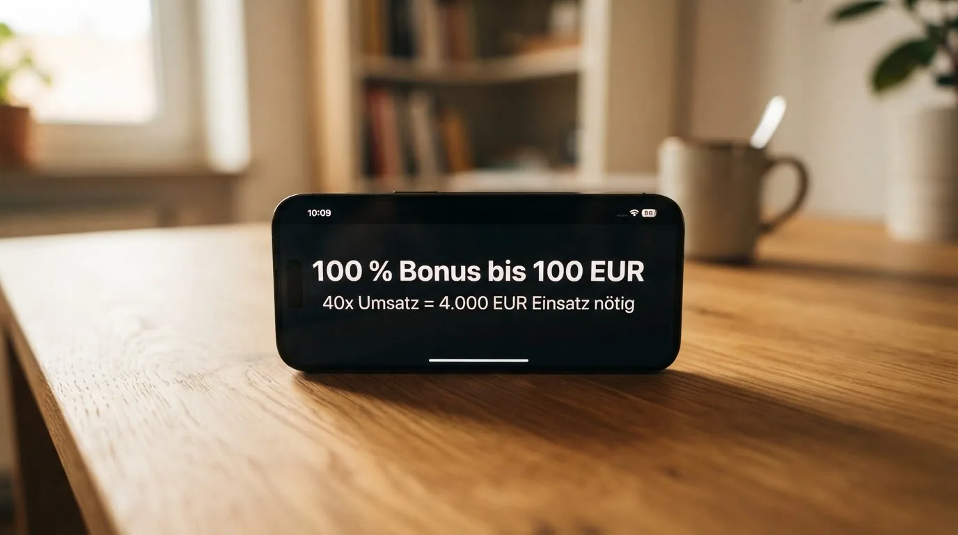 Stilisierte Rechnung auf einem Bildschirm: «100 % Bonus bis 100 EUR» wird durch «40x Umsatz = 4’000 EUR Einsatz nötig» relativiert