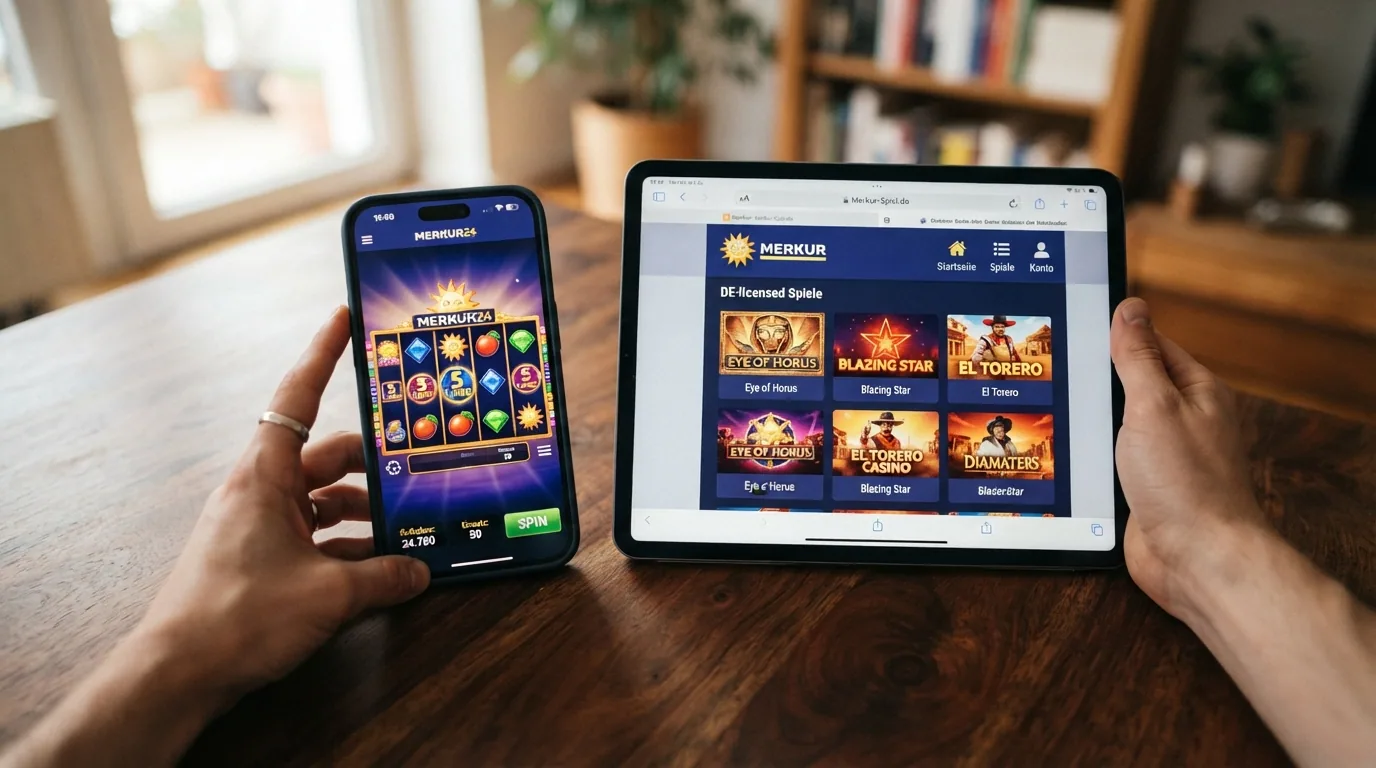 Smartphone mit geöffneter Merkur24 App, darauf ein Slot-Spiel, daneben ein Tablet mit mobiler Browser-Version eines DE-Casinos