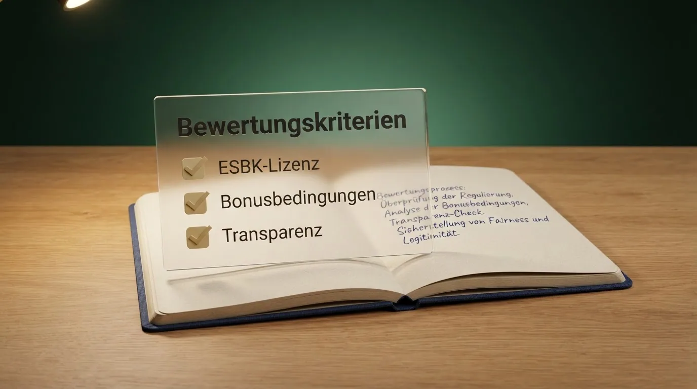 Eine Checkliste mit Bewertungskriterien – «ESBK-Lizenz», «Bonusbedingungen», «Transparenz» – auf einem Notizblock neben einem geöffneten Laptop