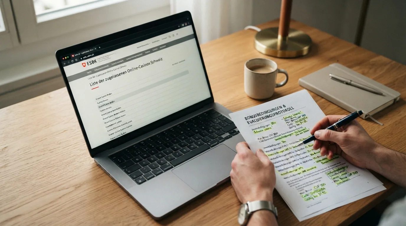 Ein Schreibtisch mit geöffnetem ESBK-Register auf dem Laptop, daneben ausgedruckte Bonusbedingungen mit Markierungen und handschriftlichen Notizen