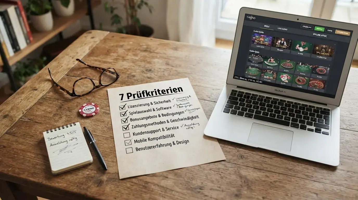 Eine Checkliste mit sieben Prüfkriterien – von ESBK-Konzession bis Umsatzbedingungen – auf einem Schreibtisch neben einem geöffneten Laptop