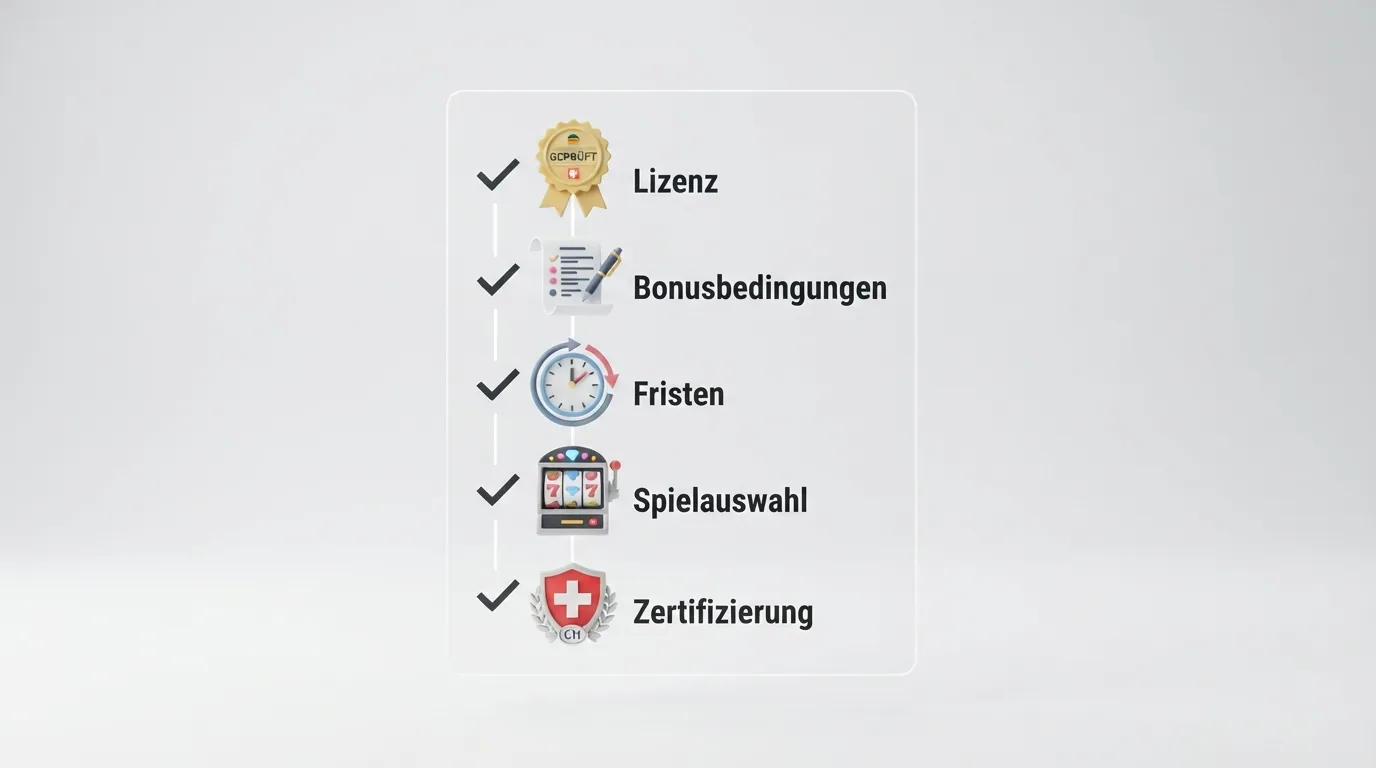 Eine stilisierte Checkliste mit den Bewertungskriterien: Lizenz, Bonus, Bedingungen, Fristen, Spielauswahl