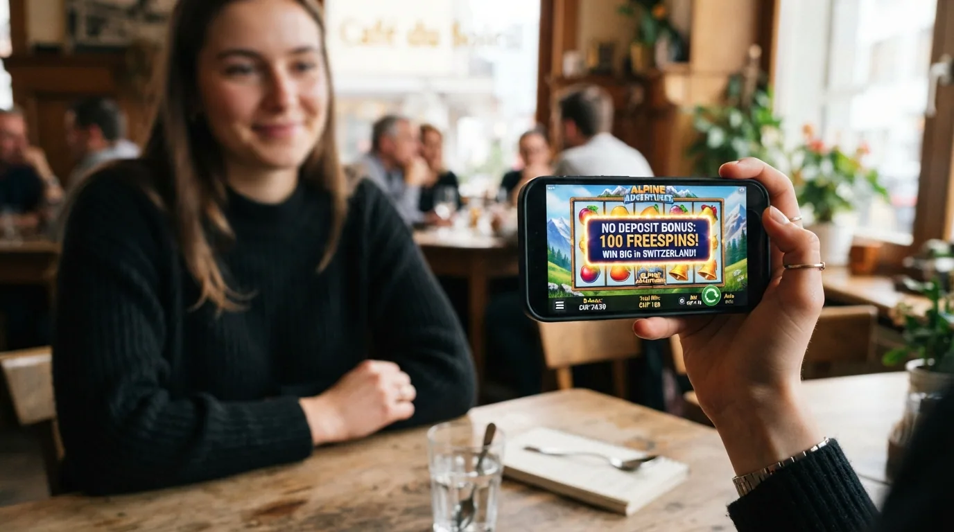 Hand mit Smartphone im Querformat, auf dem Bildschirm ein Slot-Spiel mit eingeblendetem «Freespins»-Banner, Hintergrund unscharfe Café-Umgebung