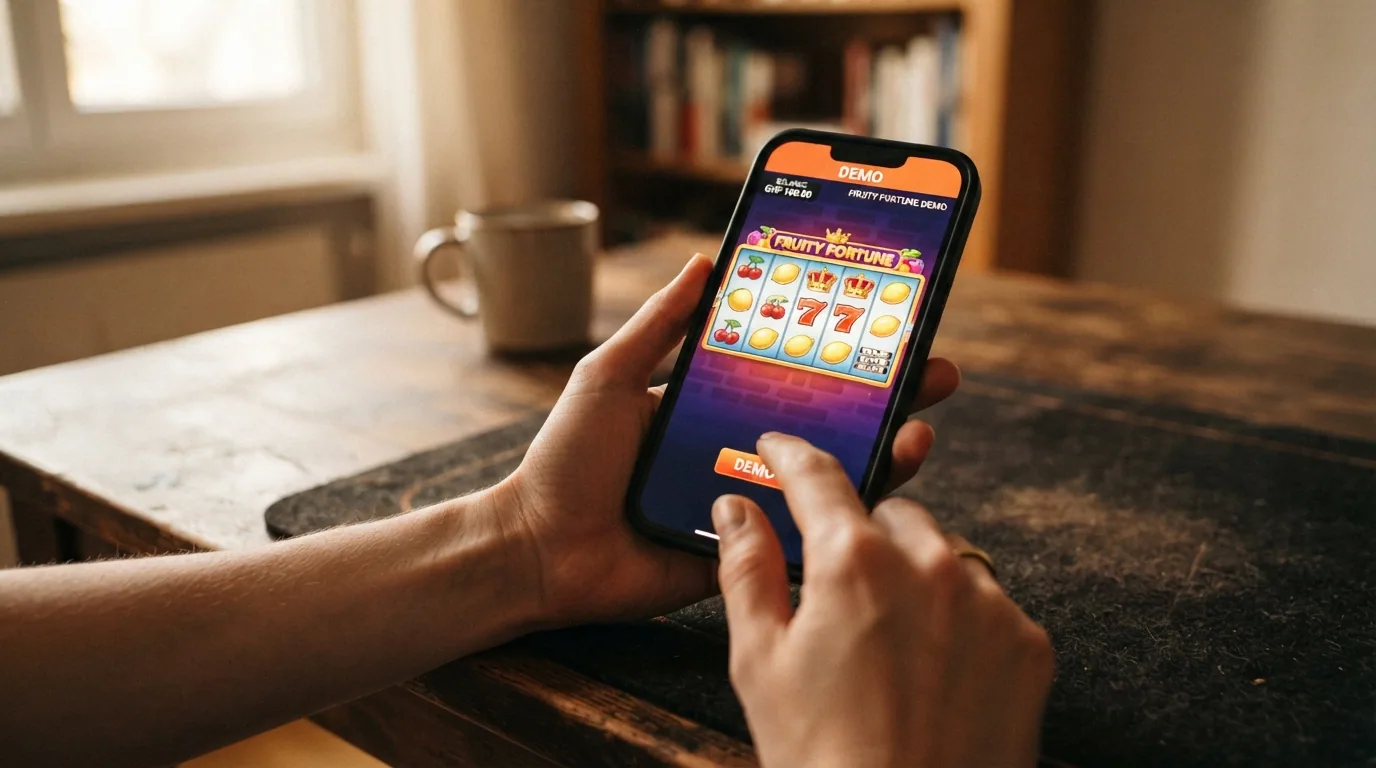 Smartphone im Querformat mit einem geöffneten Casino-Slot im Browser, Finger tippt auf die «Demo»-Schaltfläche, kein App-Icon sichtbar