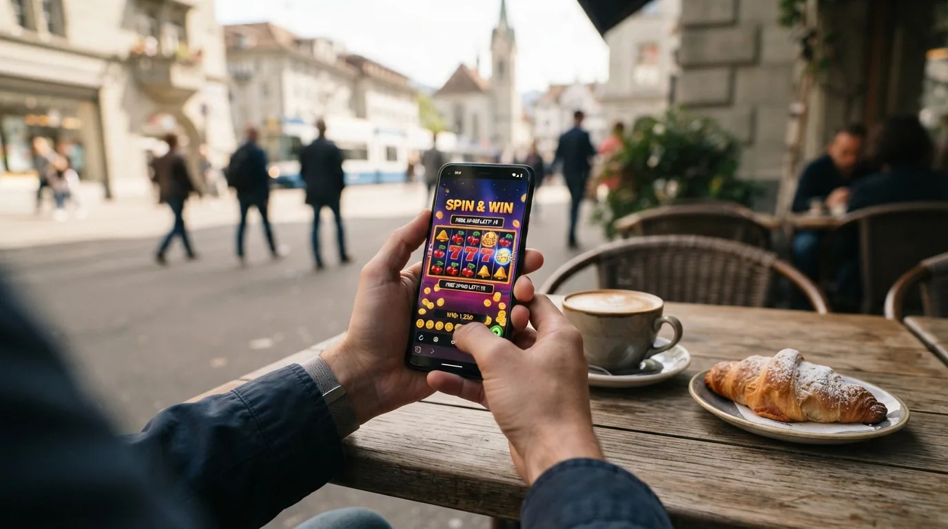 Smartphone in der Hand mit geöffneter Casino-App, im Hintergrund angedeutete Slot-Walzen