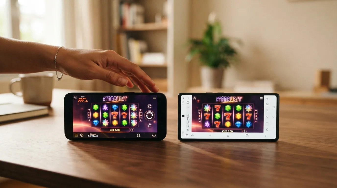 iPhone mit geöffneter jackpots.ch-App und Android-Handy mit Casino-Web-App im Browser, beide zeigen dasselbe Slot-Spiel