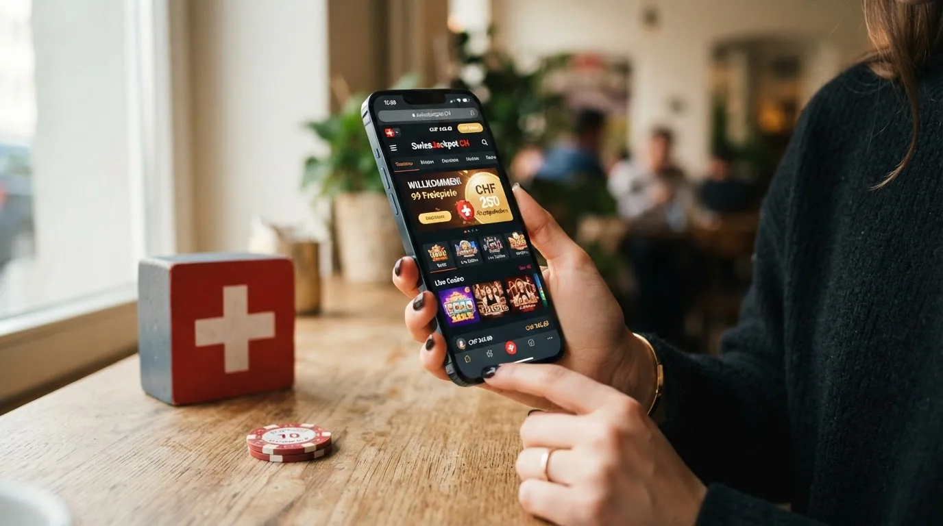 Smartphone in der Hand mit geöffneter Casino-Web-App und sichtbarem Freispiel-Guthaben