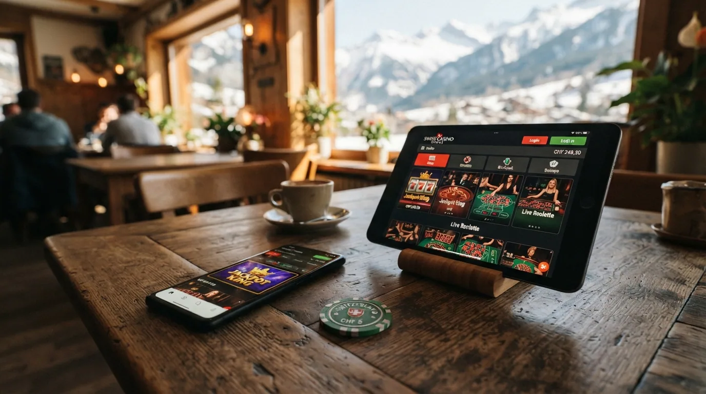 Ein Smartphone und ein Tablet nebeneinander, beide mit geöffneter Casino-Oberfläche – links eine native App, rechts die mobile Browser-Version