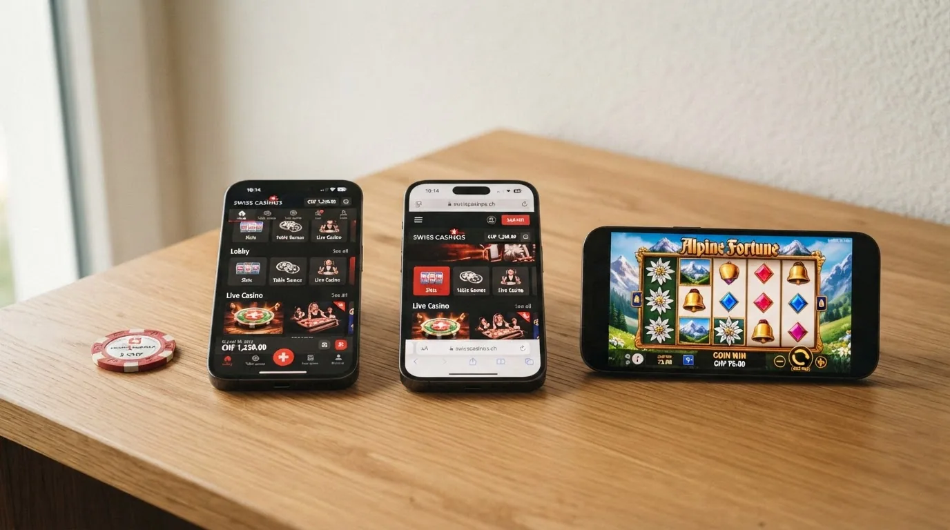 Drei Smartphones zeigen dasselbe Casino — links als native App, Mitte als mobile Website, rechts im Querformat beim Slot-Spiel