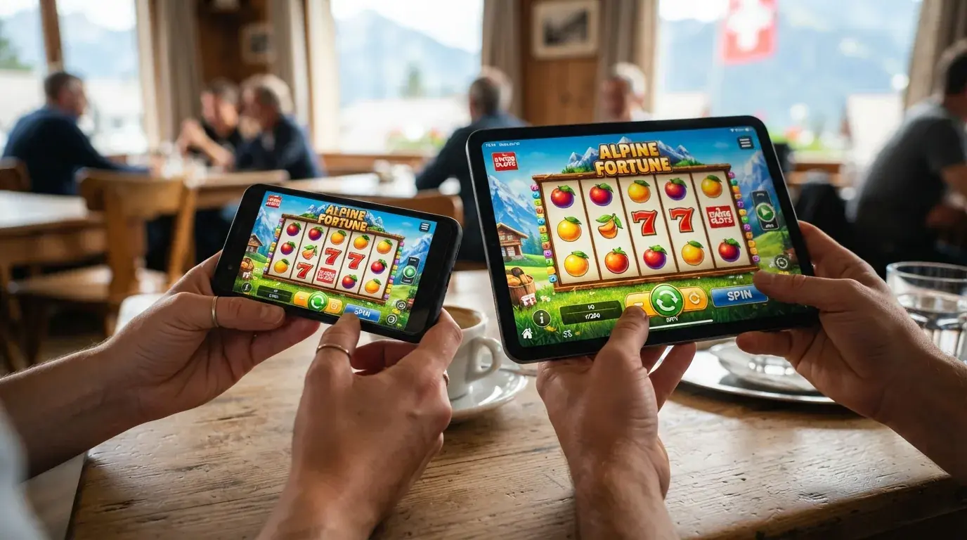 Zwei Hände halten ein Smartphone und ein Tablet, beide zeigen denselben Spielautomaten im Querformat