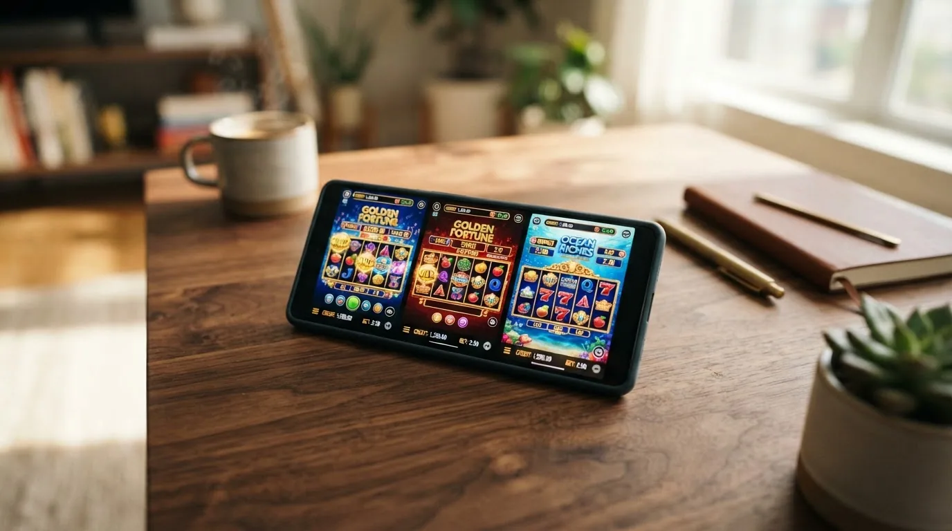 Drei verschiedene Slot-Spiele auf einem Smartphone-Display im Hochformat mit sichtbaren Walzen und Gewinnlinien
