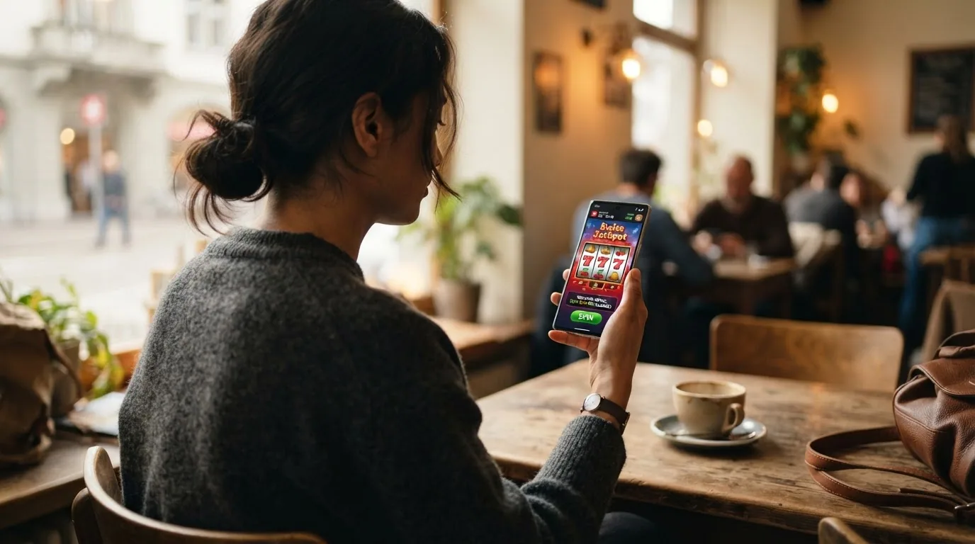 Smartphone mit geöffneter Casino-Web-App und eingeblendetem 100%-Bonus-Banner