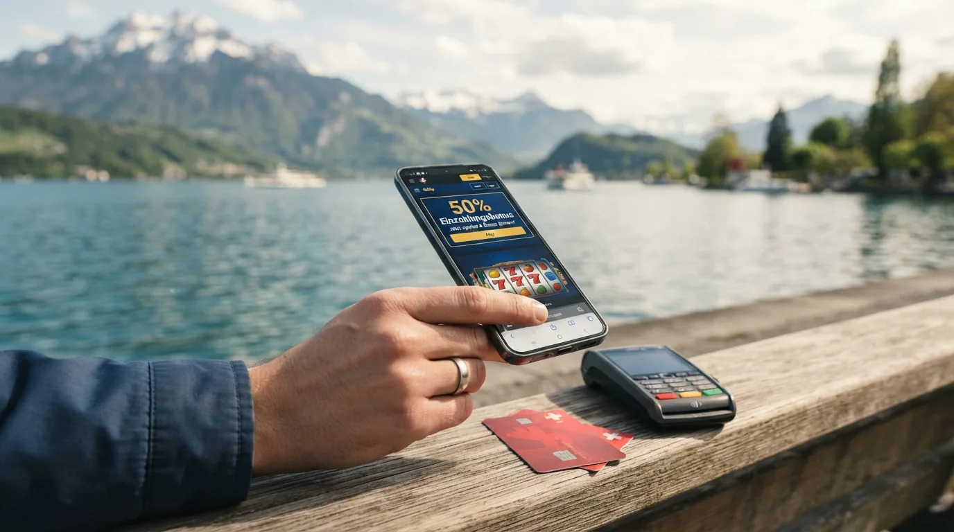 Ein Smartphone zeigt eine Casino-App mit Bonus-Banner, daneben liegt eine Schweizer Kreditkarte und ein Twint-fähiges Gerät