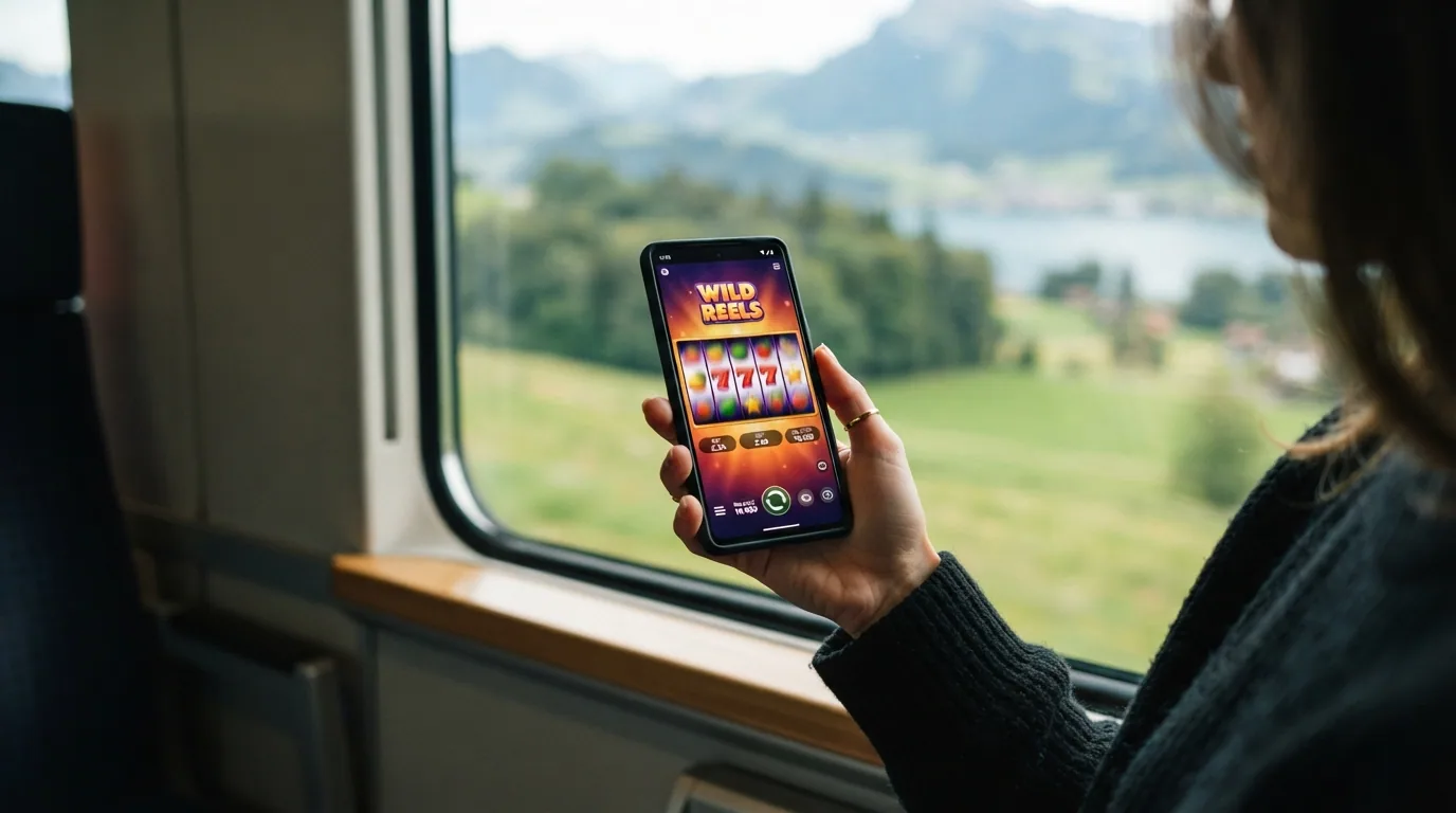 Ein Smartphone in der Hand mit einem geöffneten Casino-Spiel, im Hintergrund eine S-Bahn-Landschaft
