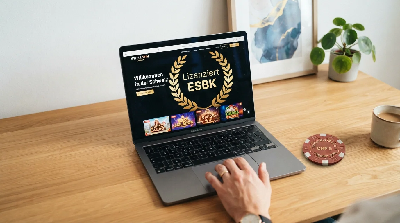 Bildschirmdarstellung eines neuen Casino-Logos neben dem offiziellen ESBK-Lizenzsiegel