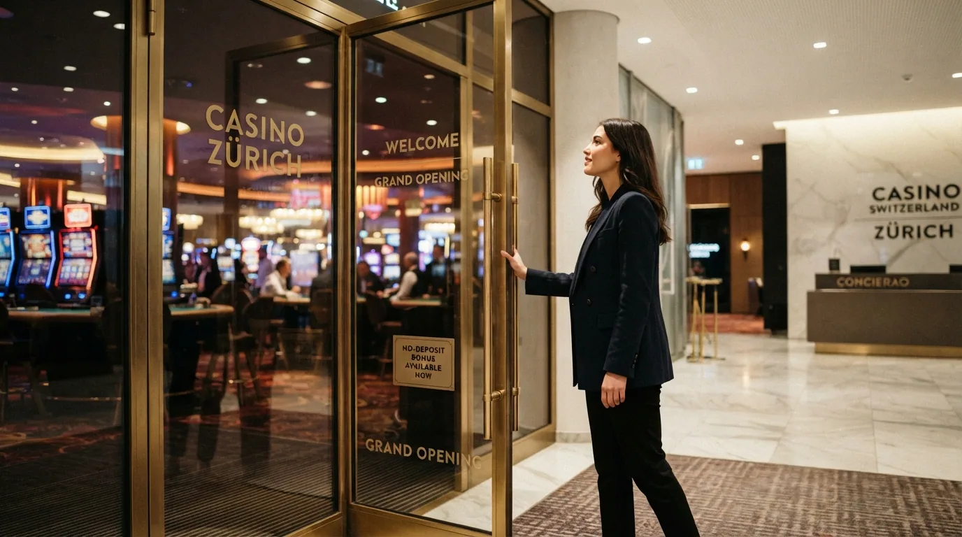 Eine geöffnete Türe mit dem Schild «Neu eröffnet 2026», dahinter ein Casino-Foyer mit leuchtenden Slot-Reihen