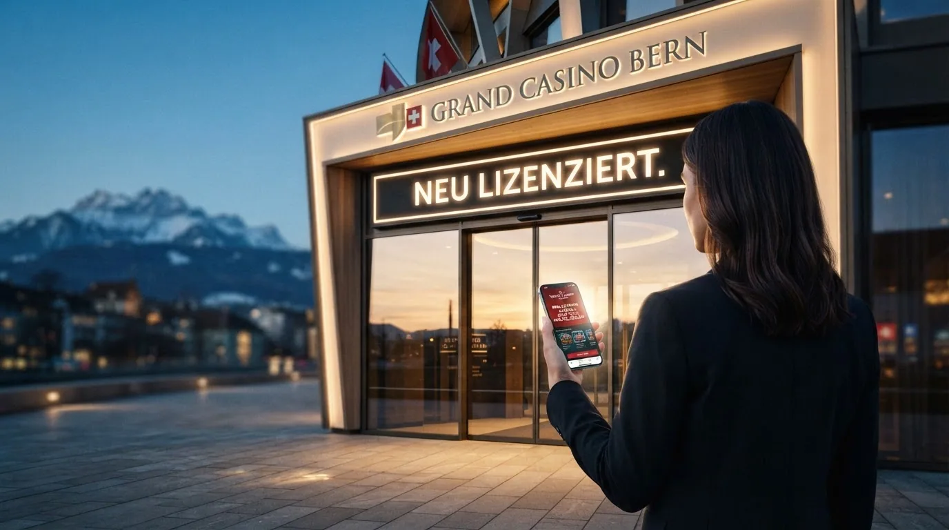 Eingang eines modernen Schweizer Casinos mit dem Schriftzug «neu lizenziert» als visuelles Signal
