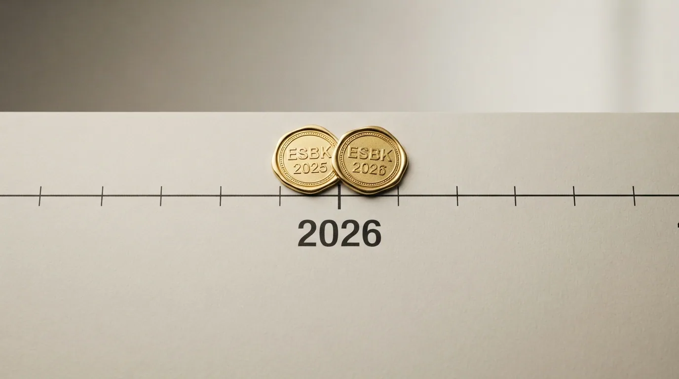 Ein Kalenderblatt mit dem aufgedruckten Jahr 2026, darauf zwei frische goldene Siegel mit der Aufschrift «ESBK» und dem Datum 2025 und 2026