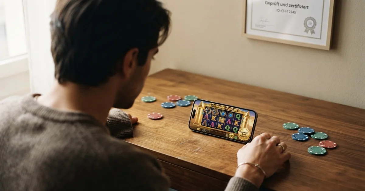 Startseite eines lizenzierten Schweizer Online-Casinos mit hervorgehobenem Willkommensbonus und ESBK-Lizenzhinweis im Footer