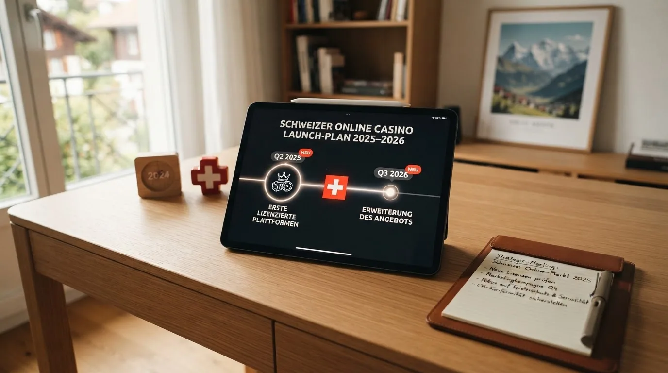 Stilisierte Zeitleiste 2025–2026 mit zwei hervorgehobenen Daten und Casino-Logos, daneben ein «NEU»-Badge