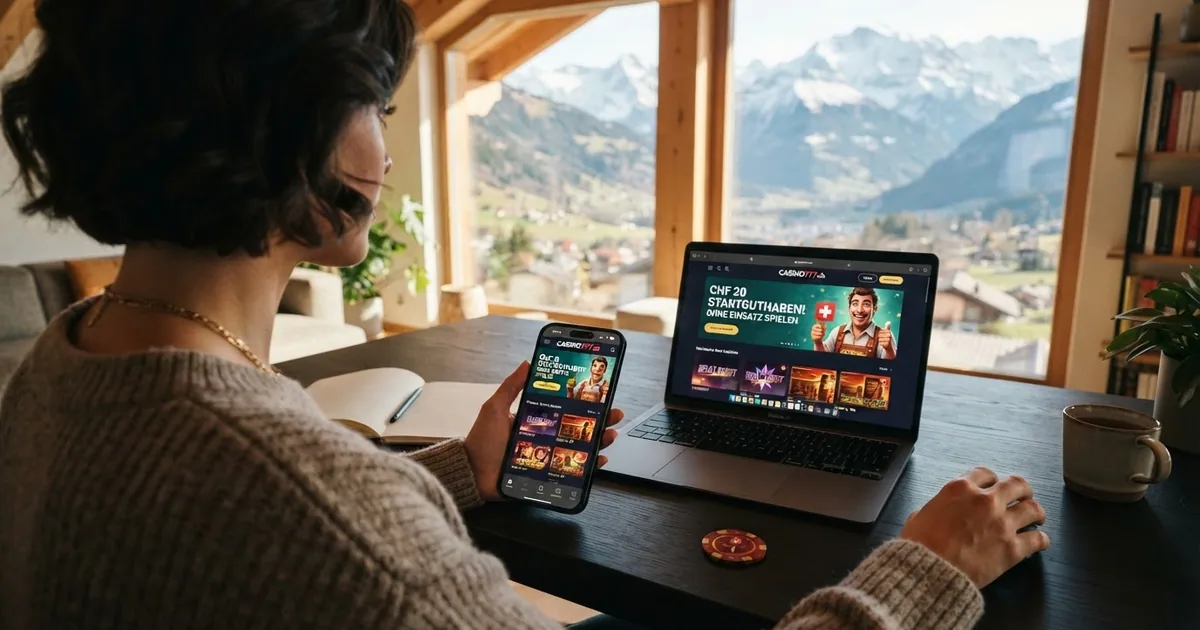 Eine Schweizer Online-Casino-Oberfläche auf einem Bildschirm mit hervorgehobenem Startguthaben-Betrag in CHF, daneben ein Smartphone mit derselben Ansicht