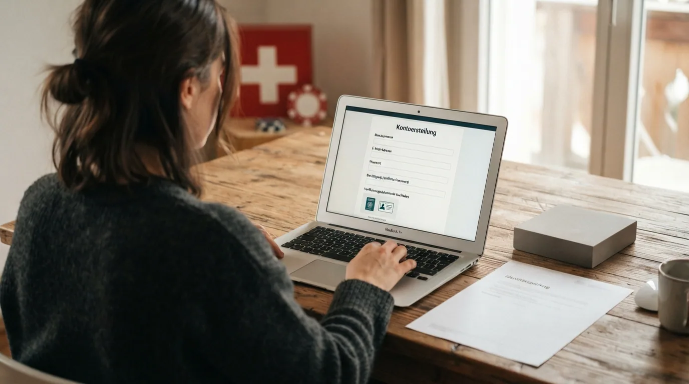 Registrierungsformular eines Online-Casinos auf einem Laptop-Bildschirm mit Schweizer Flagge im Hintergrund