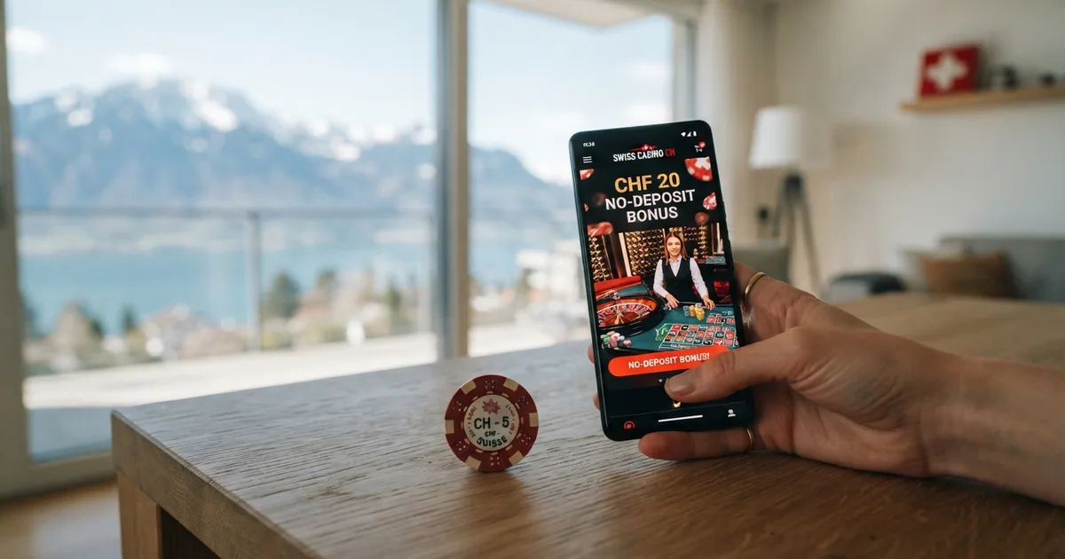 Schweizer Flagge vor einer modernen Online-Casino-Oberfläche auf einem Bildschirm, daneben ein Smartphone mit Casino-App