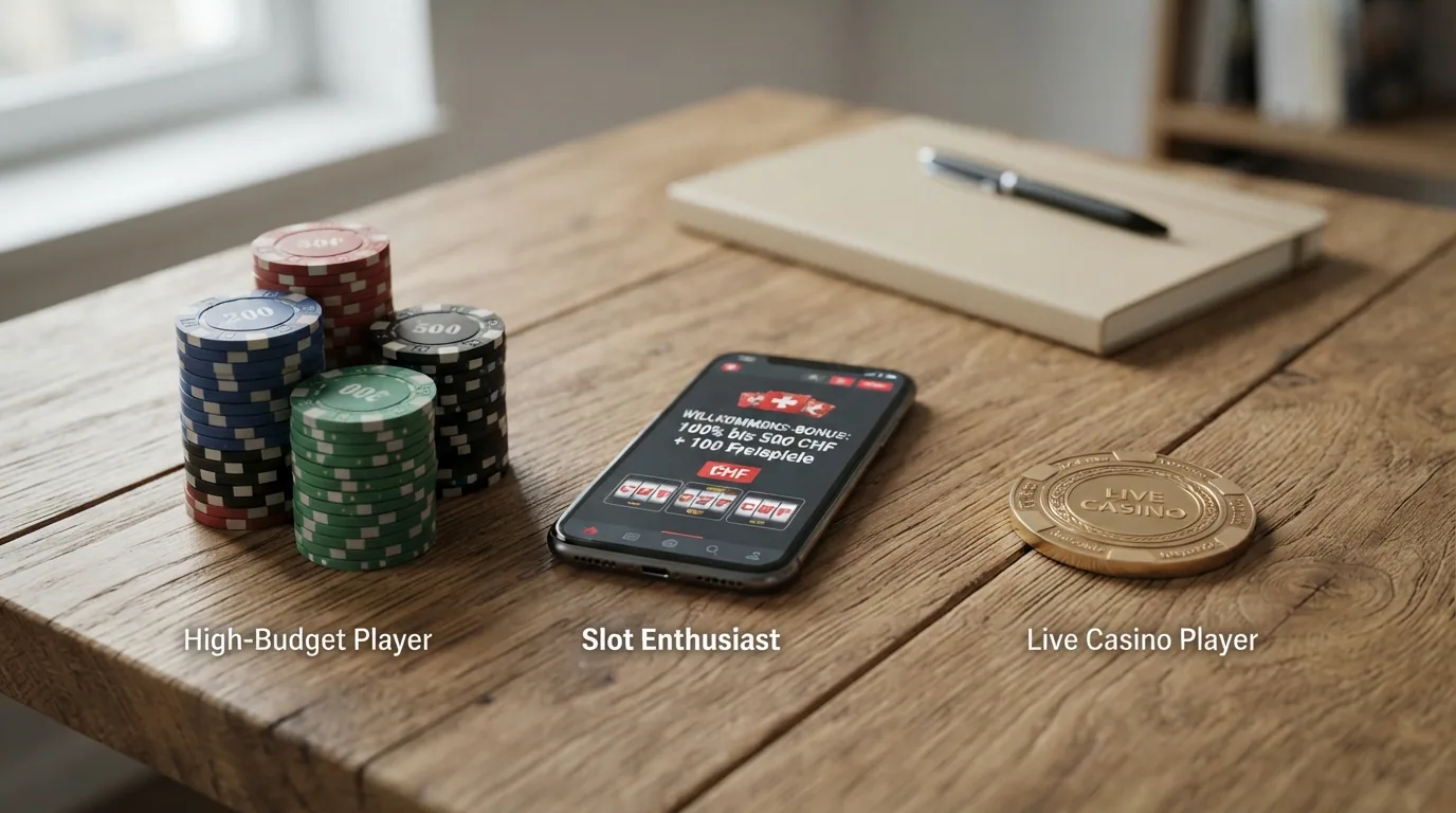 Drei verschiedene Spielertypen (Gelegenheitsspieler, Vielspieler, Live-Casino-Fan) mit den jeweils passenden Bonus-Merkmalen als Piktogramm