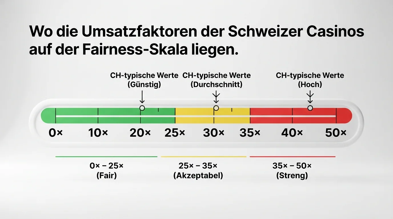 Eine Skala von 0× bis 50×, farblich abgestuft von Grün über Gelb zu Rot, mit Markierungen bei 20×, 30× und 45× als CH-typischen Werten