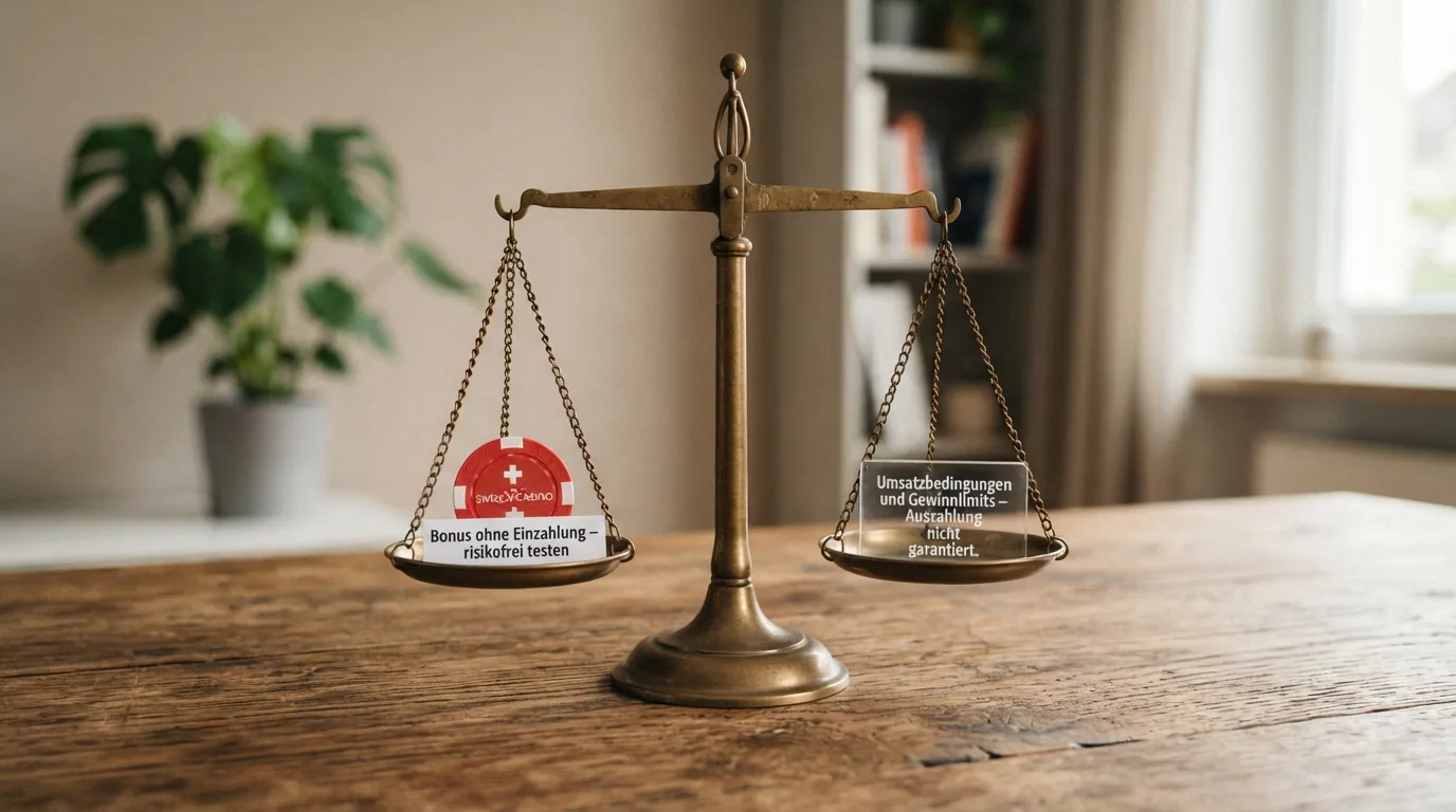 Eine Balkenwaage im Gleichgewicht: die linke Schale trägt «Bonus ohne Einzahlung – risikofrei testen», die rechte Schale «Umsatzbedingungen und Gewinnlimits – Auszahlung nicht garantiert»