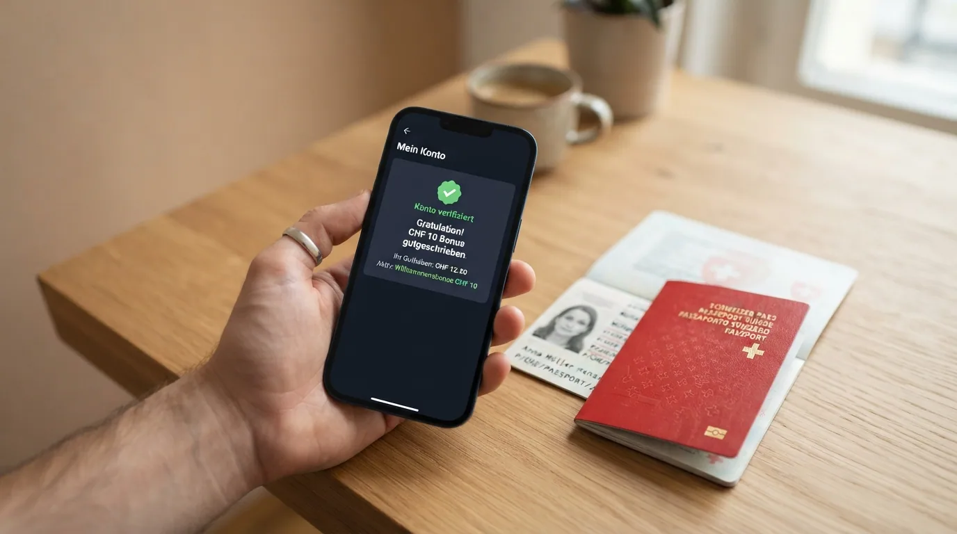 Ein Schweizer Pass neben einem geöffneten Casino-Konto mit dem Hinweis «Konto verifiziert — CHF 10 Bonus gutgeschrieben»