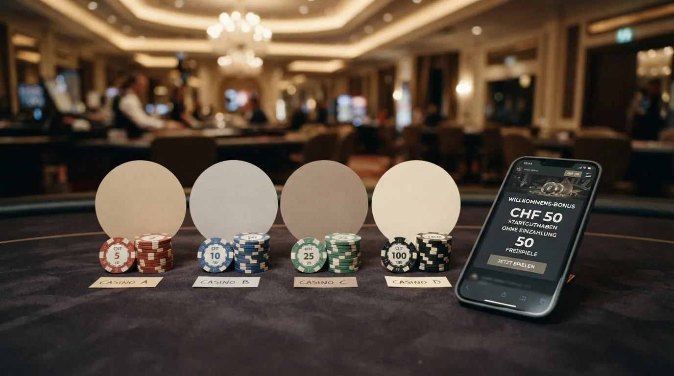 Vier Logos der Schweizer Casinos mit No-Deposit-Angebot neben einem CHF-20-Schein und Freispiel-Symbolen