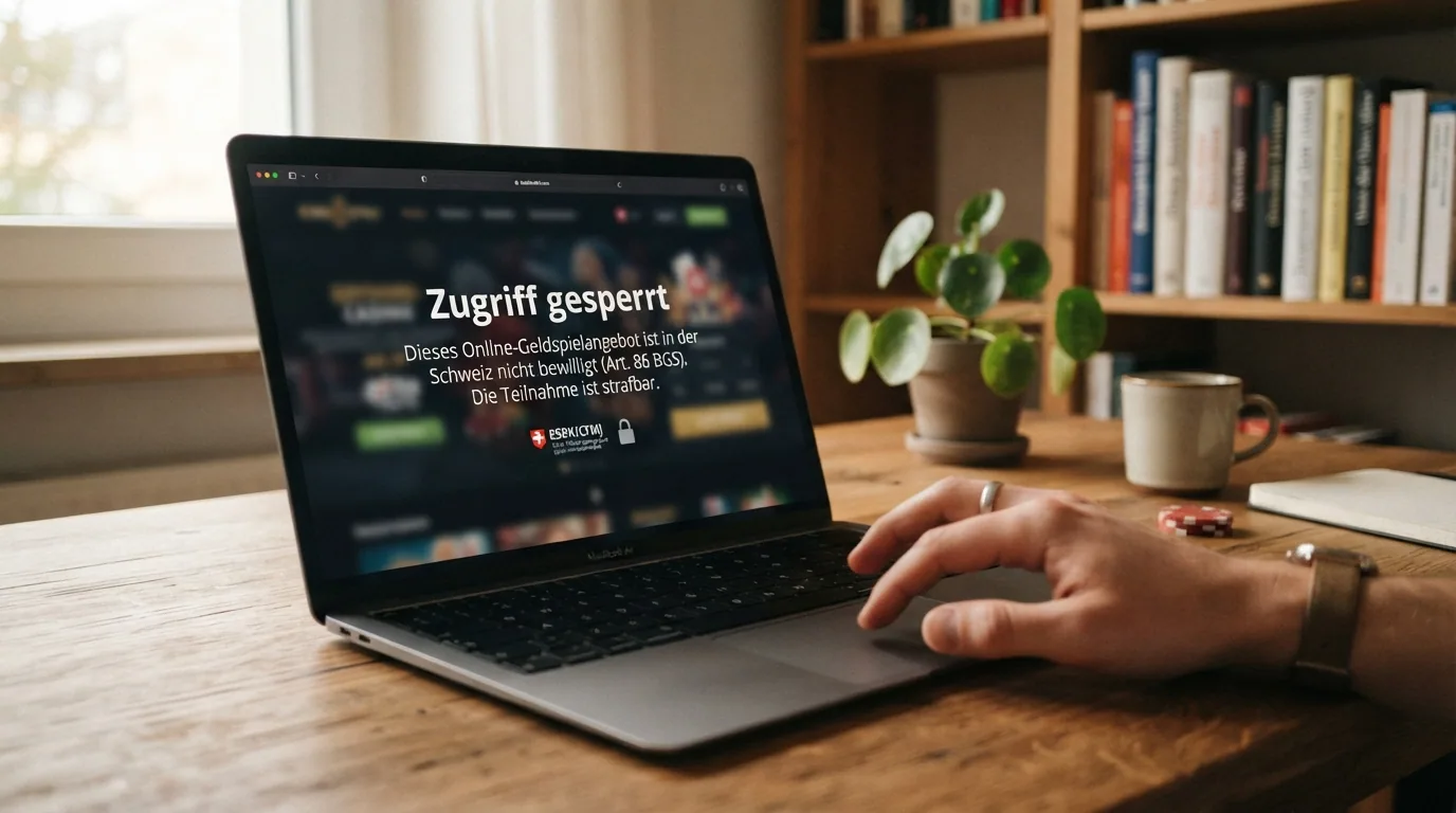 Ein Laptop-Bildschirm mit einer durchgestrichenen Casino-Website und dem eingeblendeten Hinweis «Zugriff gesperrt – nicht bewilligtes Online-Geldspielangebot»