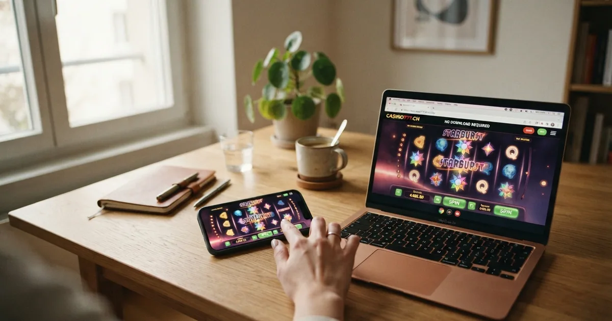 Ein geöffneter Laptop zeigt ein Online-Casino-Spielfeld im Browser mit sichtbarer Adressleiste, daneben ein Smartphone mit derselben Casino-Oberfläche – kein Kabel, kein Installationsfenster