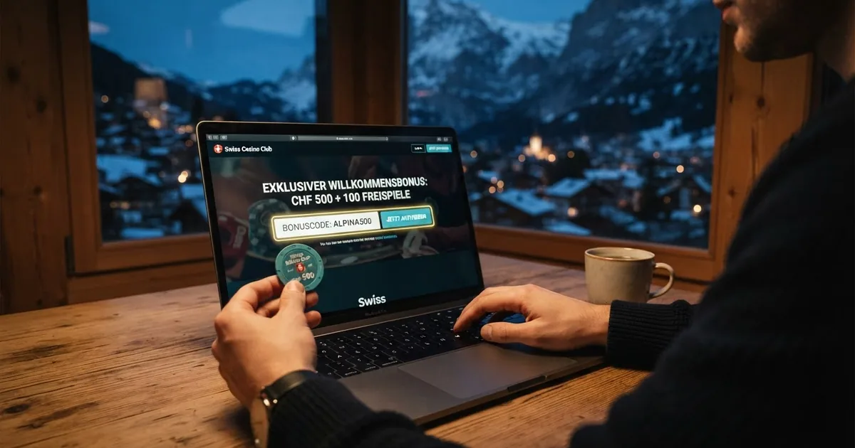 Eine Nahaufnahme eines Schweizer Online-Casino-Bildschirms mit geöffnetem Bonus-Bereich und dem Wort «Bonuscode» im Eingabefeld, auf einem Laptop vor Schweizer Umgebung