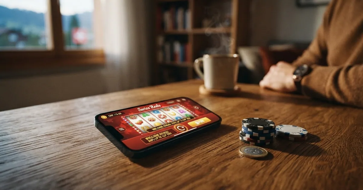 Ein Stapel Schweizer Franken-Noten neben einem Smartphone mit geöffnetem Online-Casino auf dem Bildschirm