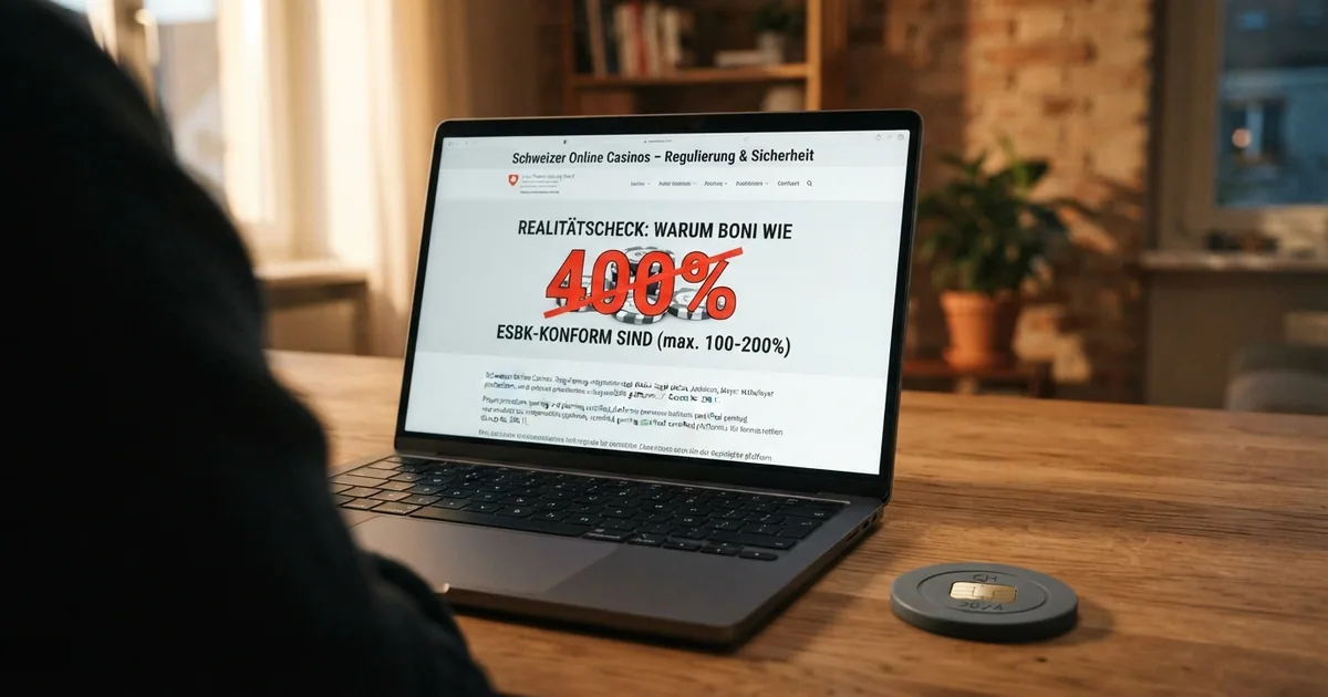 Ein Laptop-Bildschirm mit geöffneter Casino-Lizenzübersicht und einem durchgestrichenen «400%»-Schriftzug