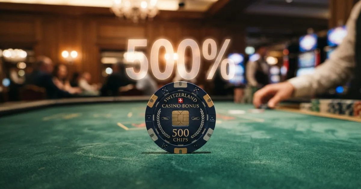 Ein Schweizer Franken auf einem Casino-Spieltisch mit einer grossen Prozentzahl darüber, teilweise durch eine Lupe betrachtet