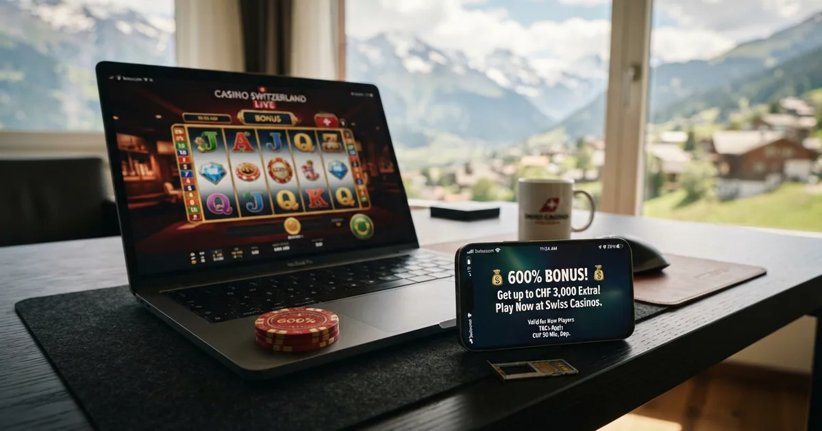 Ein Stapel Casino-Chips neben einem Smartphone mit geöffneter Bonus-Anzeige