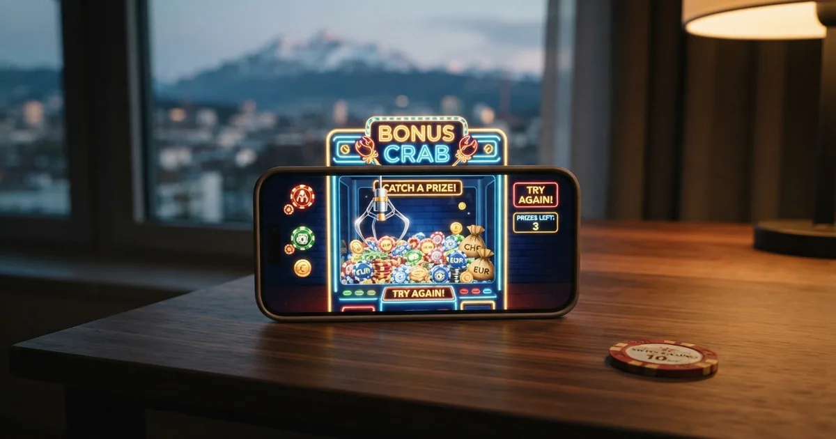 Digitaler Greifautomat mit virtuellem Greifarm über Casino-Preisen wie Freispielen, Bonusguthaben und Echtgeld in einem animierten Online-Casino-Interface